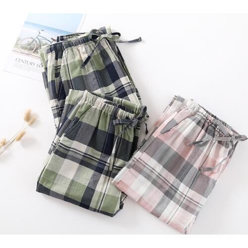Fdfklak Spring Summer Cotton Sleep Bottoms Female Plaid Couple Nighty Trousers Sleeping Pyjama Ladies Plaid Pajama Pants