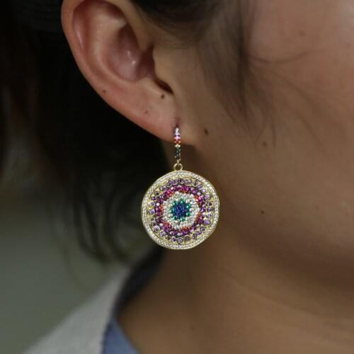 Gorgeous round disco charm ear drop shipping gold color fashion elegant women turkish evil eye nano turquoises dangle cz earring