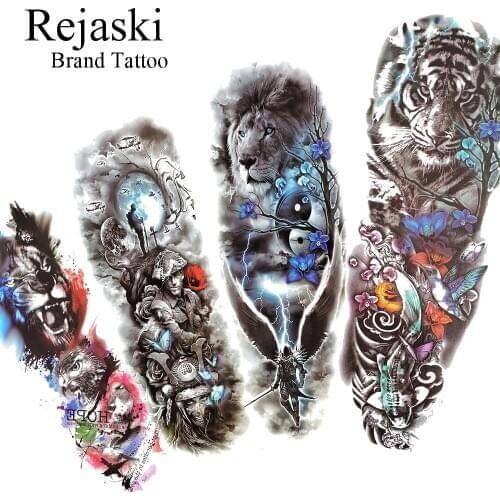 Rejaski 3D Full Arm Forest Mountain Tiger Temporary Tattoo Stickers For Men Women Warrior Ares Mars Fake Tattoo Sleeve Paper
