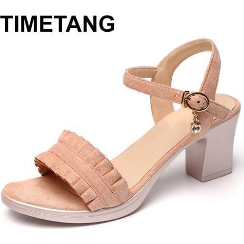 TIMETANGSummer Women Sandals Platform Buckle Pleated Strap Pumps For Lady Elegant Wedding Square Heel Shoes Sweet Style Sandals