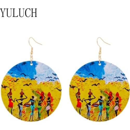 YULUCH Women round wood printing pendant earrings beauty head pattern wooden jewelry simple accessories women unique jewelry