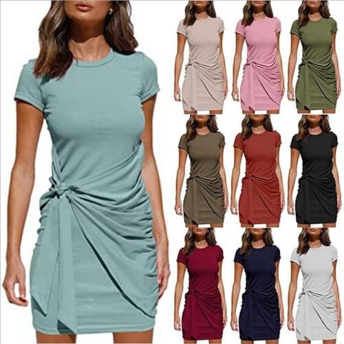 DressES WOMEN hot style in Europe irregular round collar fold bowknot belt dress with short sleeves female sex Middle-skirt
