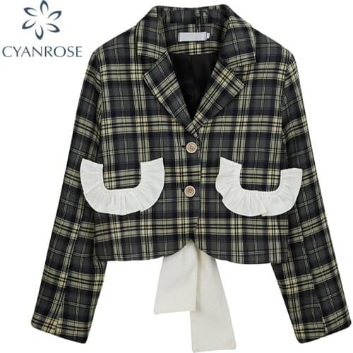 2021 Autumn New Fashion Womens Retro Plaid Blazer Coat Single Breasted Jacket Pocket Loose Casual Temperament Female Overcoat
