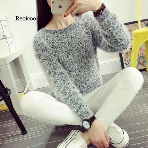 Women Candy Colors Sweaters Fashion Autumn Winter Warm Mohair O-Neck Pullover Long Sleeve Casual Loose Sweater Knitted Tops