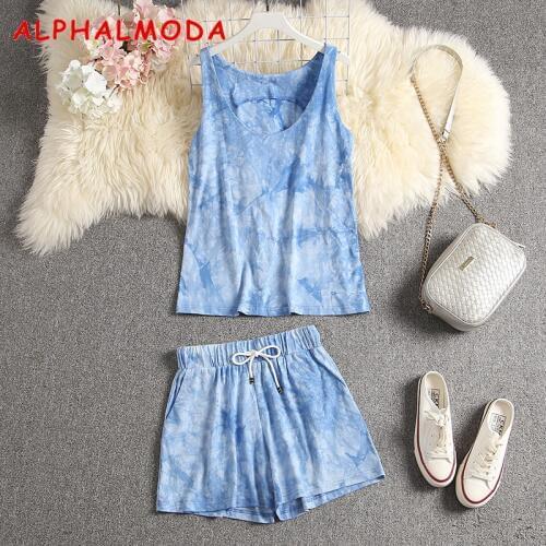 ALPHALMODA New Arrived Tie Dye Color Tank Top + Shorts Women Casual 2pcs Set Loose Pullover Vest short 2pcs Set