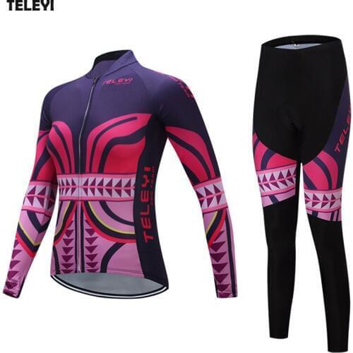 TELEYI Team Pro Womens Long Sleeve Ropa Ciclismo Cycling Jersey Sets Breathable 3D Padded Bib Pants Bicycle Sportswear Cycling
