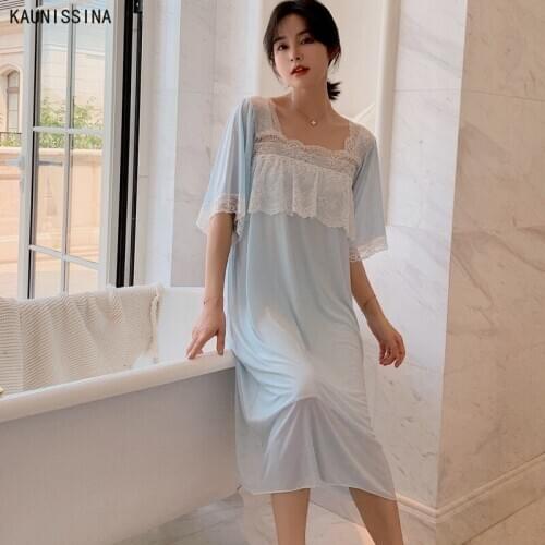 Women Lace Princess Nightdresss Long Modal Nightdress Korean Nightgown Half Sleeve Square Collar Summer Lingerie Night Dress