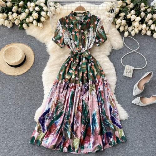 Runway Summer Dress Womens 2021 Fall Vintage Single Breasted Painting Stars Floral Shirt Dresses Midi Long Robe