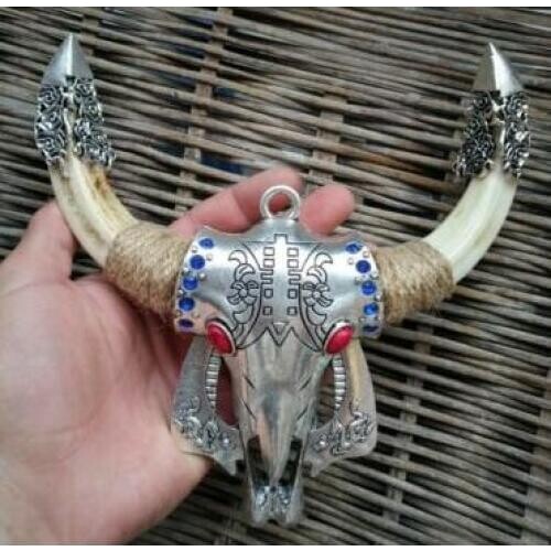 Wild Pig Teeth Embedded Alloy Ox Head Wild Boar Tooth Amulet Pendant