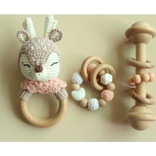 3 Pcs/Set Baby Teething Bracelets Crochet Elk Soother Wooden Rattle Teether Toys F3ME