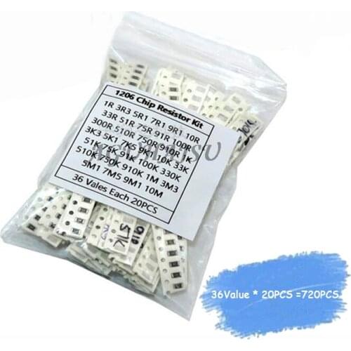 36Value * 20pcs =720pcs 1206 SMD Resistor Kit 1/4W 0.25W 5% 1 ohm~10 Mohm component diy kit new and original