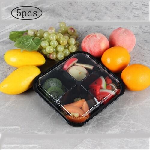 5pcs Disposable Plastic Box For Food Packaging Boxes With Cover Portable Fruits Case 4 Grid Takeout Food Containers For Desserts