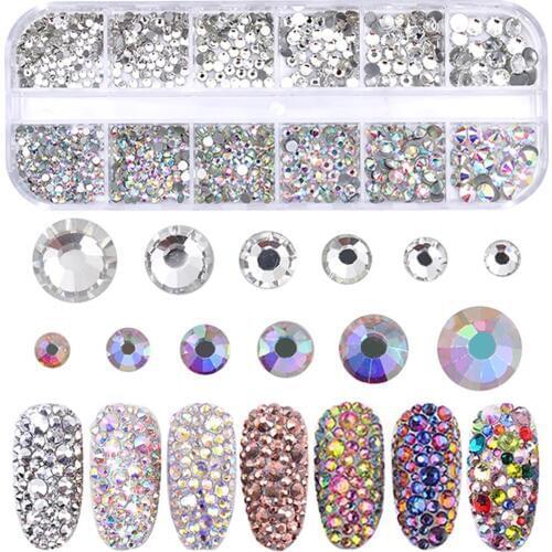 12 Grids/Box Colorful Crystals Nail Art Rhinestones Acrylic Nail Stones Flat Back Shiny Tips 3D Nails Art Decorations