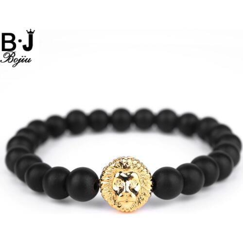 BOJIU Fashion Luxury Lion Bracelet Micro Zircon Stone Matte Black Natural Ag. Men Women Elastic Strand 8mm Bead Bracelet MBC06