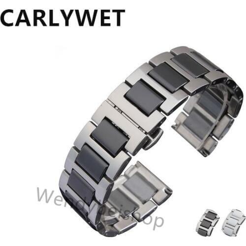 16 18 20mm Silver Solid Steel Watch Band Strap Bracelet Black White Ceramic Middle Links Double Push Clasp For Omega Rolex IWC