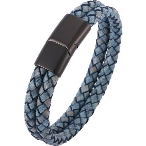 Punk Antique Blue Double Braided Leather Bracelet Fashion Men Jewelry Stainless Steel Magnetic Clasp Male Wristband Gifts PD0512