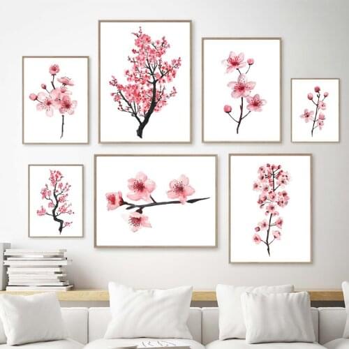 Blooming Pink Flowers Sakura Branches Wall Art Canvas Painting Nordic Posters And Prints Wall Pictures For Living Room Decor
