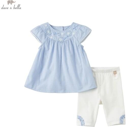 DBJ17831 dave bella summer baby girls cute bow floral striped clothing sets kids fashion short sleeve sets children 2 pcs suit