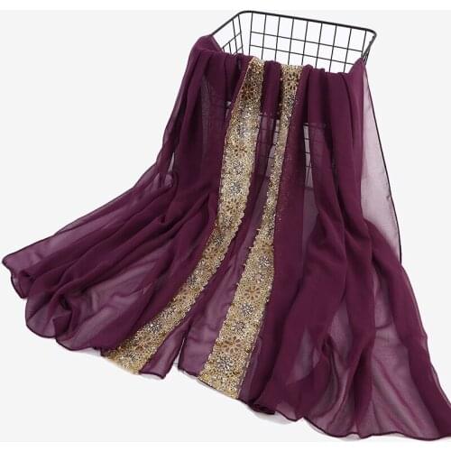 H1271 high quality big size bubble chiffon muslim long scarf with lace embroidery and gold beads,can choose colors