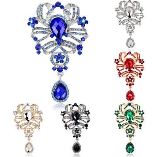 HC Vintage Silvery Gold Color Plated Crystal Rhinestones Flower Brooch Pins for Women Antique Dress Wedding Accessories Brooch T