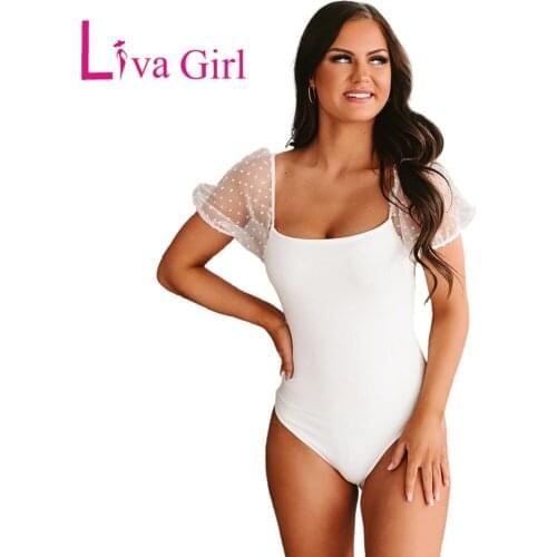 LIVA GIRL White/Black U Neck Swiss Dot Mesh Splicing Sleeve Bodysuit Woman Solid Slim Tops Female Sexy Dot Bodycon Jumpsuit 2021