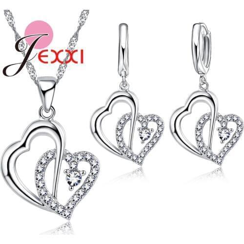 925 Sterling Silver Jewelry Set Cute Double Love Heart Cross Cute Design Women With Shiny Cubic Zirconia For Ladies