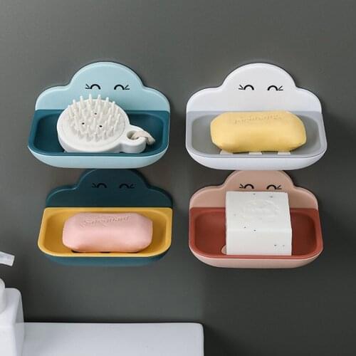 Cartoon Clouds Shape Soap Box Dish Bathroom Tray Wall Mounted Storage Drain Soap Holder Anti-Slip Kitchen Sponge Holder
