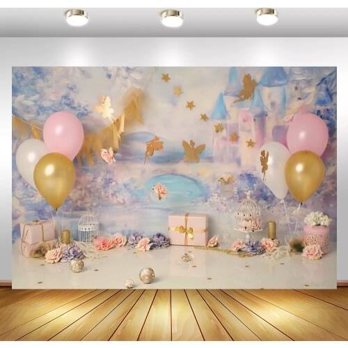Laeacco Blue Light Bokeh Castle Gold Butterfly Balloon Gift Flowers Ball Candle Party Baby Photo Backdrop Photography Background