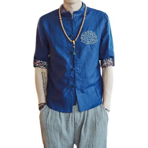 Summer Linen Chinese Style Top Kung Fu Oriental Mens Clothing Large Sizes Sky Blue Buckle Hemp China Blouse Zen Shirts White