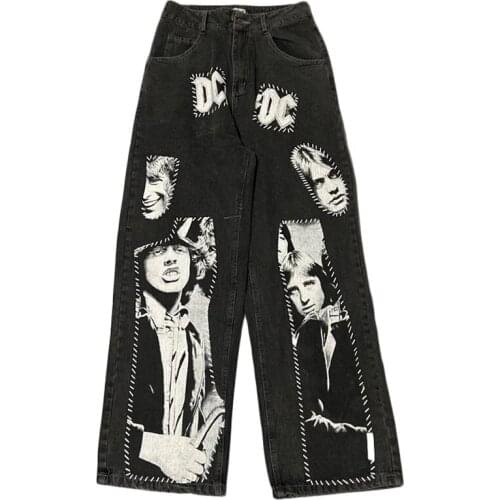 Hip Hop Rock Band Printed Jeans Men Harajuku Patchwork Streetwear Loose Straight Denim Patch Trousers Men Couple Wide Leg Pants