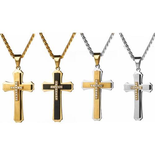 Mens Jewelry Fashion Stainless Steel Three layer Cross Pendant with curb Necklace 6mm24"