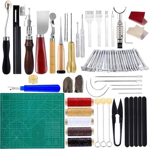 MIUSIE 60 PCS Practical Leather Craft Sewing Punch Tool Kit Cutter Carving Working Stitching Leathercraft Tool Set For Beginner
