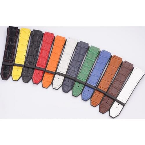 Rolamy 26*20mm Real Cow leather Rubber Watchband Silver Brushed Buckle for Hublot strap for Big Bang belt butterfly Buckle