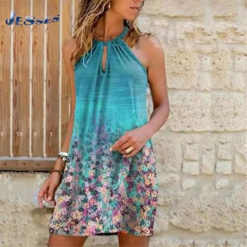 Sexy Hollow Out A-line Dress Floral Printed Loose Ladies Dresses Hanging Neck Plus Size Streetwear S-5XL Women Fashion Vestidos