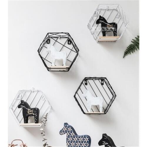 Simple Modern Hexagonal Design Grid Storage Rack Shelf Creative Iron Grid Wall Hanger Hexagon Shelf Home Decoration Accessories