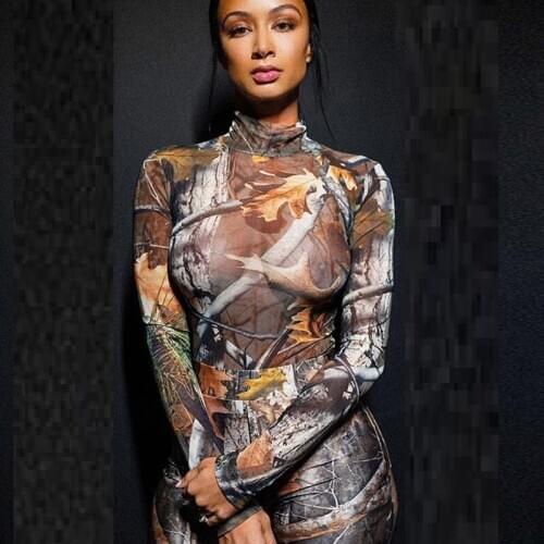 Warmer Camouflage Bodysuit Women Streetwear Winter Fashion Long Sleeve Slim One-piece Trousers Casual Suit Outfit Clothing New