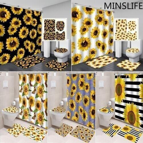 Yellow Sunflower Printed Waterproof Shower Curtain Sets Polyester Fabric for Bath Bathroom Hotel Home Decoration with Mat Rugs