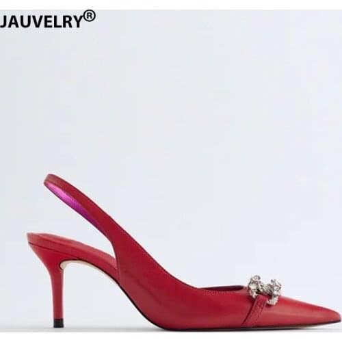 2021 New Fashion High Heels Sandals Women Red Slingback Wedding Shoes Jewelry Decoration Sexy Pointed Toe Back Strap Pumps Women