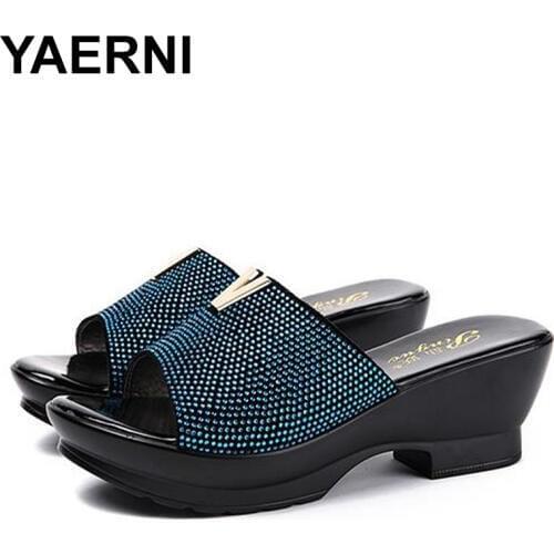 YAERNI Diamond rhinestone genuine leather summer shoes fashion mother outdoor sandals women big size 40-42 Cool slippers