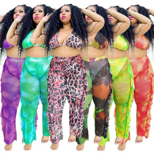 Holiday Beach Women Sexy Floral Printing Big Size Two Piece Sets Lady Halter Lace-Up Backless Bras High Waist Ruffles Pants Sets