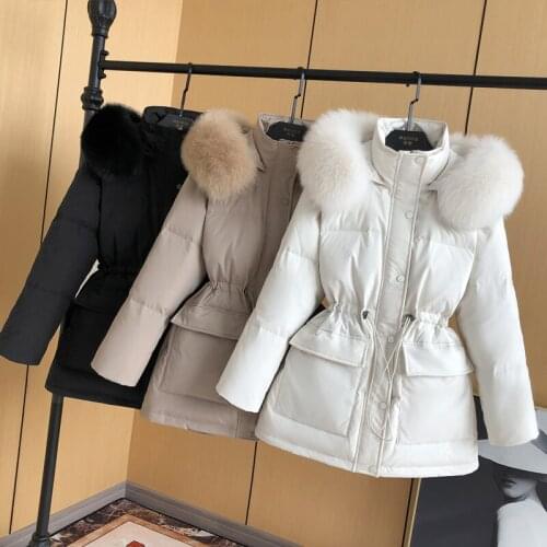2021 Winter Women Medium Long Jacket 90% White Duck Down Coat Large Natural Fox Fur Collar Hooded Female Feather Down Parkas