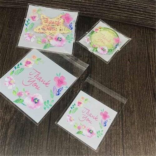 100pcs DIY Cookie Plastic Bags Thank You Flower Pattern Self Adhesive Wedding Candy And Snack Food Packaging Bags