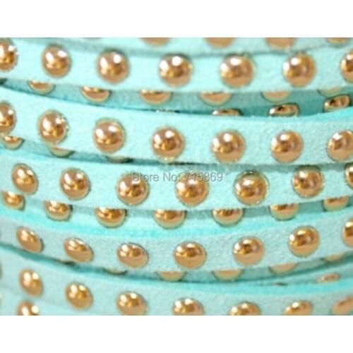 Free Ship 100 Meters Aqua Blue 5 x1.5mm w/ Gold Rivet Accents Microfiber Flat Faux Suede LeatherLace Cord For DIYJewelry