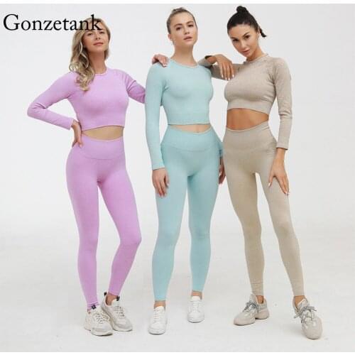 Seamless 2 Piece Women Yoga Set Sport Suit Workout Clothes Long Sleeve Simple Leisure Gym Crop Leggings Fitness Sports Wear