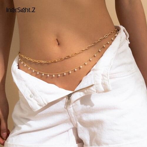 IngeSight.Z Bohemian Imitation Pearl Tassel Pendant Harness Waist Belly Retro Multi Layered Gold Color Bikini Belt Body Jewelry