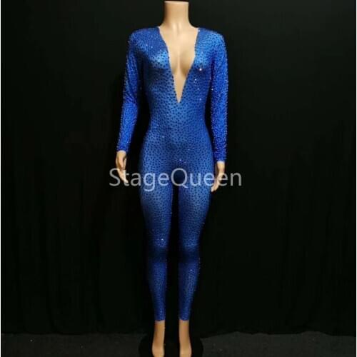 Sexy Blue Flowers Spandex Big Stretch Rhinestones Jumpsuit Womens Sexy Bodysuit Costume Stage Dance Outfit Performance Rompers