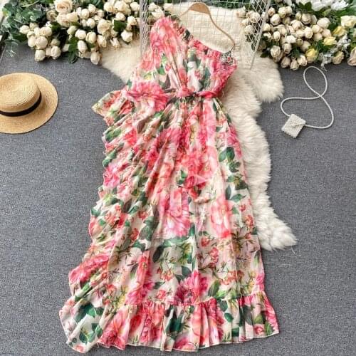 Summer Womens Dress American Style Floral Diagonal Collar One-shoulder Dress New Casual Loose Female Dresses HH513