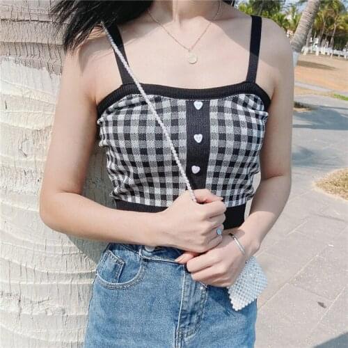 Summer Women Knitted Plaid Tank Tops Button Up Straps Streetwear Blue Cute Short Camisole Sling Tee Top