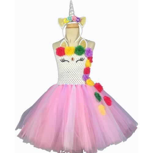 Cute Girls Rainbow Flowers Unicorn Tutu Dress Baby Crochet Tulle Dress with Hairbow Kids Birthday Party Cosplay Costume Dresses