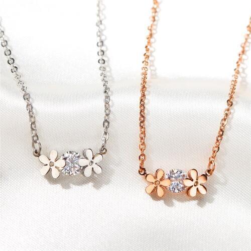 Stainless Steel CZ Silver Rose Gold Color Flower Invisible Mosaic Type Choker Necklace Charm Chain Necklaces Jewelry for Women